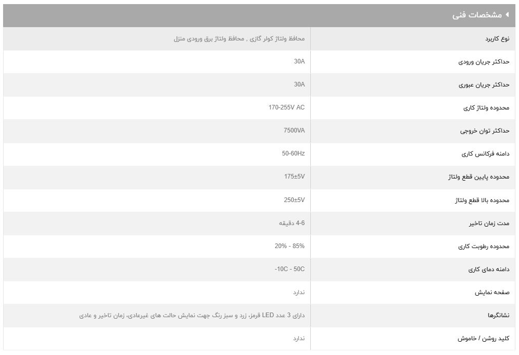 مشخصات فنی محافظ برق کولر‌گازی GLP301ECO