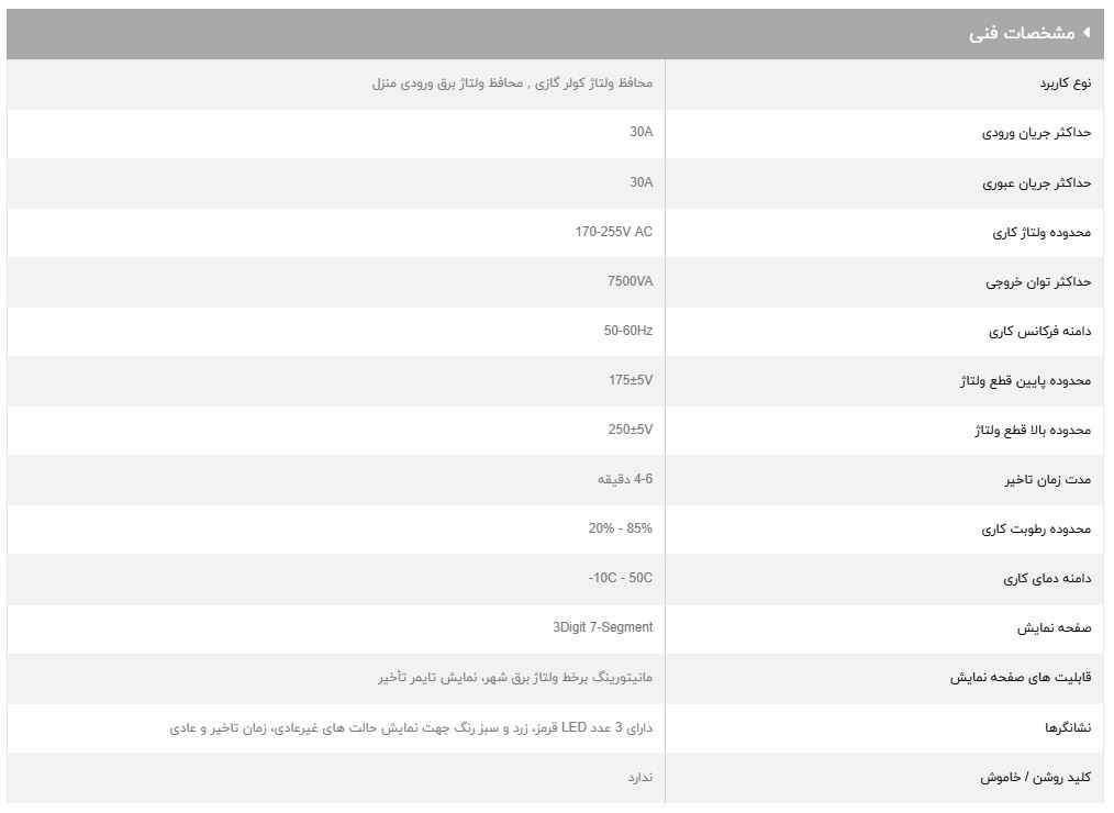 مشخصات فنی محافظ برق کولر‌گازی GLP301EVO