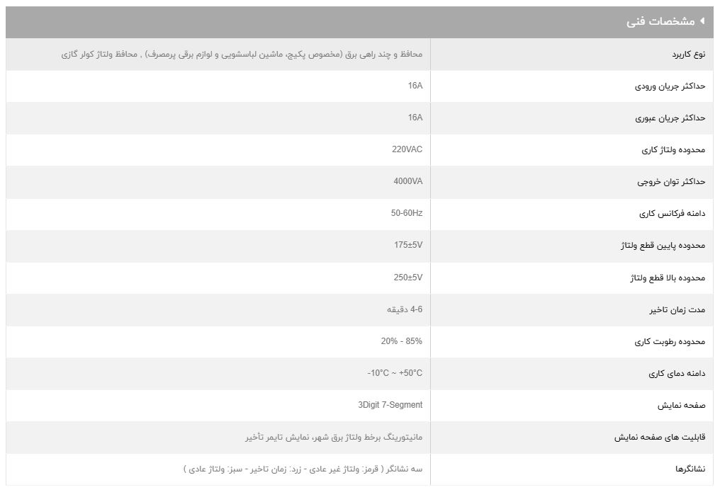 مشخصات فنی محافظ ولتاژ دیجیتال کولرگازی GLP161D برند GREEN