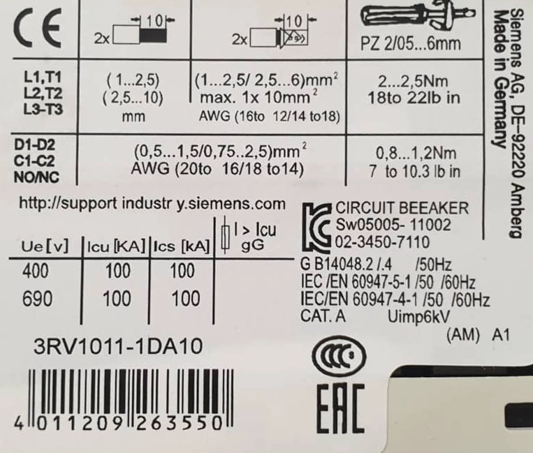 ویژگی های کلید حرارتی 3RV1011-1DA10 زیمنس