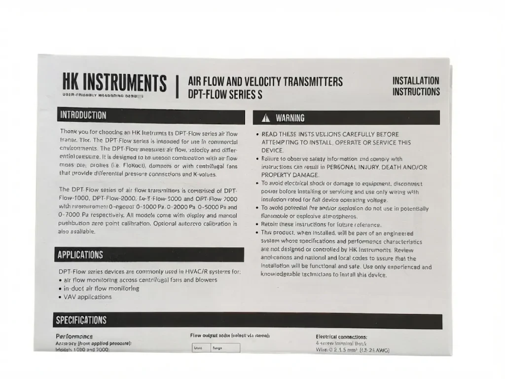 دفترچه راهنمای ترنسمیتر جریان هوا DPT-FLOW-7000-D برند HK INSTRUMENTS
